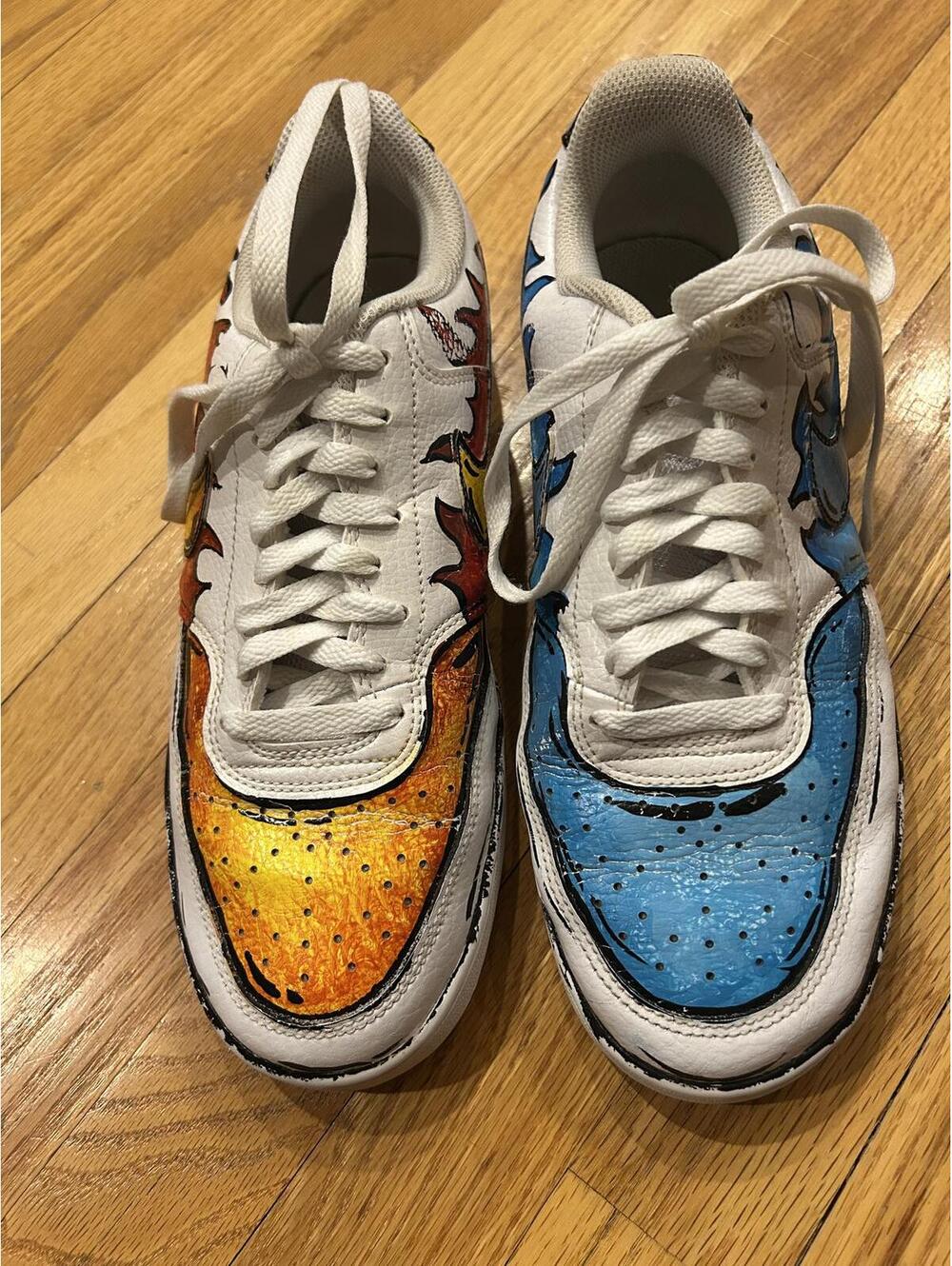 Custom Painted Nike Sneakers - Flame & Wave Design Size 9